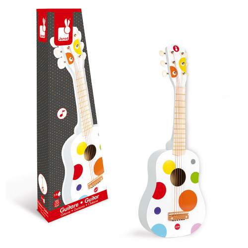  Janod - Confetti Wooden Rock Guitar - Pretend Play Musical Toy  - Includes 4 Plastic Strings + 4 Spare Ones - 3 Years +, J07644 : Toys &  Games